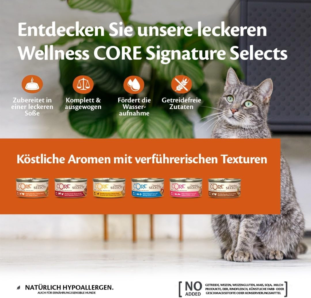 Wellness CORE Signature Selects 8 x 79g, Mix Wołowiny, Kurczaka i Indyka - Mokra karma dla kotów, pyszne paski w sosie, bez zbóż, naturalna, hipoalergiczna, wysoka zawartość białka, wysoka zawartość mięsa