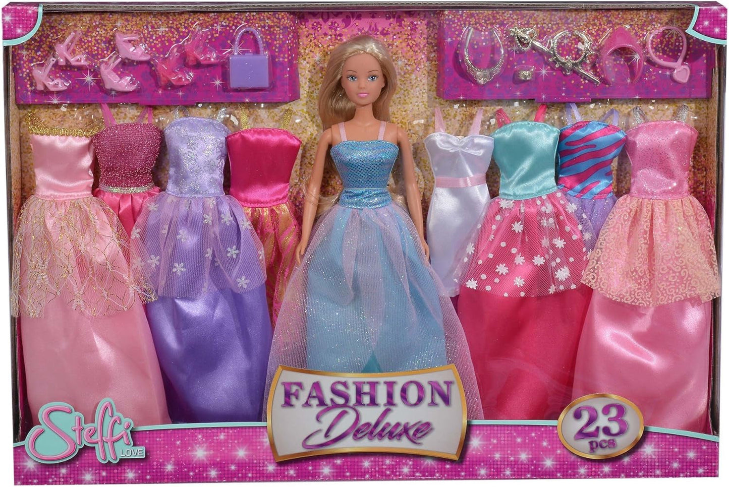 Simba 105733092 - Steffi Love Fashion Deluxe Lalka wieczorowa z ośmioma dodatkowymi sukienkami i pasującymi akcesoriami, 23 sztuki, 29 cm, wiek 3+