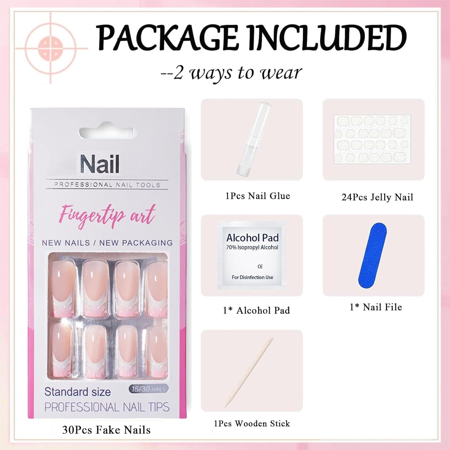 30 sztuk francuskie sztuczne paznokcie-klej na sztuczne paznokcie-miękkie paznokcie żelowe dla kobiet-akrylowe paznokcie samoprzylepne kwadratowy manicure (francuski różowy)