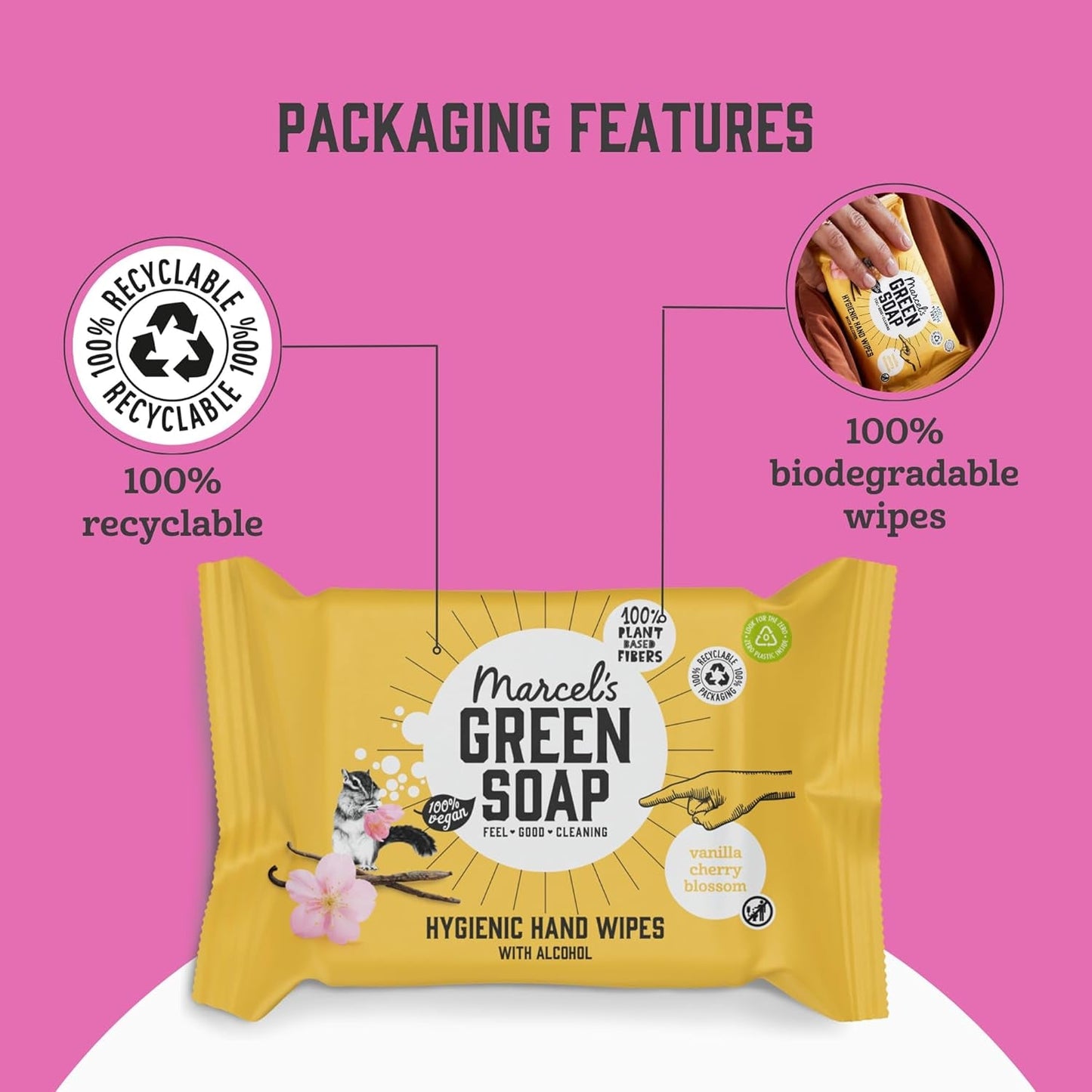 Chusteczki nawilżane do rąk Marcel's Green Soap, 60 szt. - Wanilia i kwiat wiśni - Na bazie roślin - Organiczne