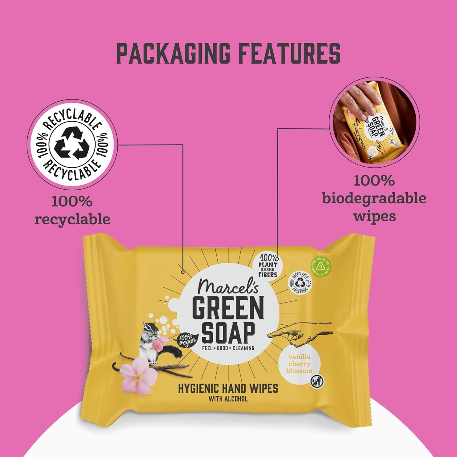 Chusteczki nawilżane do rąk Marcel's Green Soap, 60 szt. - Wanilia i kwiat wiśni - Na bazie roślin - Organiczne