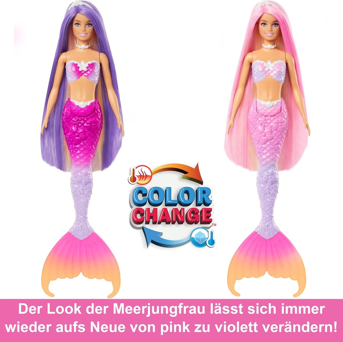 Lalka Syrenka BARBIE - inspirowana serialem telewizyjnym „Barbie: Ukryta magia” z efektem zmiany koloru i dodatkami, różowe włosy o długości 19 cm do stylizacji, dla dzieci w wieku od 3 lat i starszych, HRP97