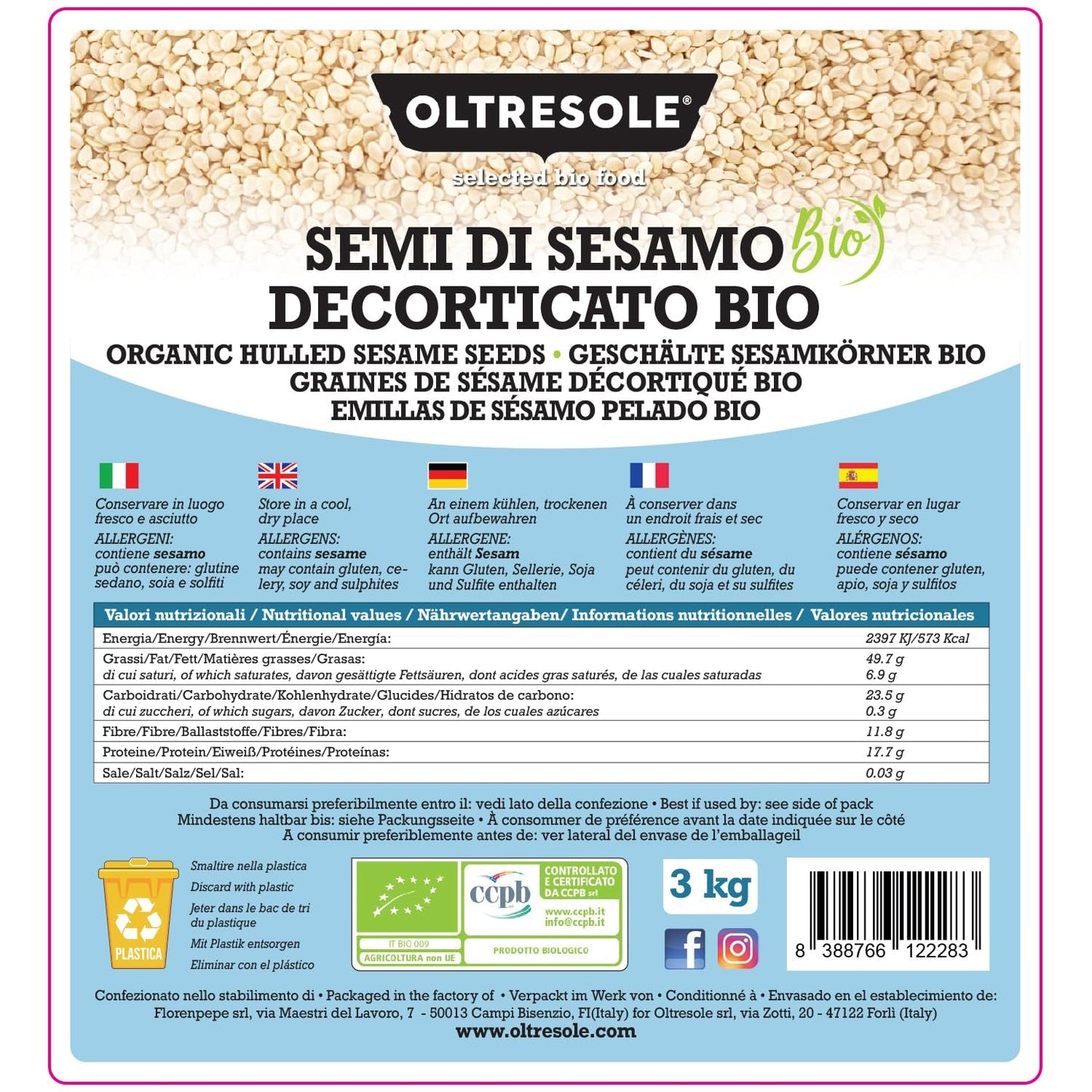 Organiczne nasiona sezamu 3 kg, surowe organiczne nasiona oleiste, biały sezam, naturalnie łuskane, niepalone, źródło wapnia i żelaza, pakiet ekonomiczny