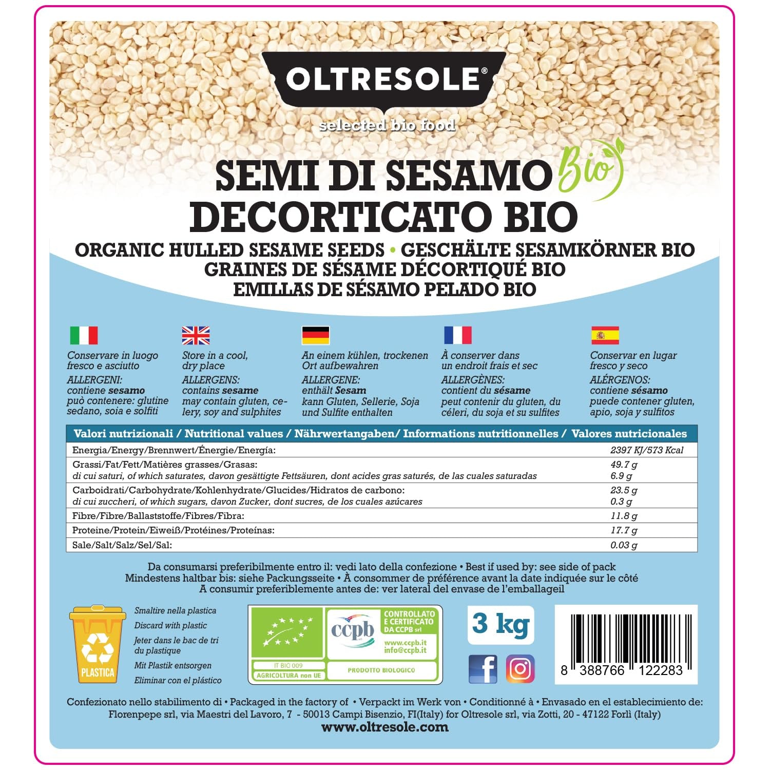 Organiczne nasiona sezamu 3 kg, surowe organiczne nasiona oleiste, biały sezam, naturalnie łuskane, niepalone, źródło wapnia i żelaza, pakiet ekonomiczny