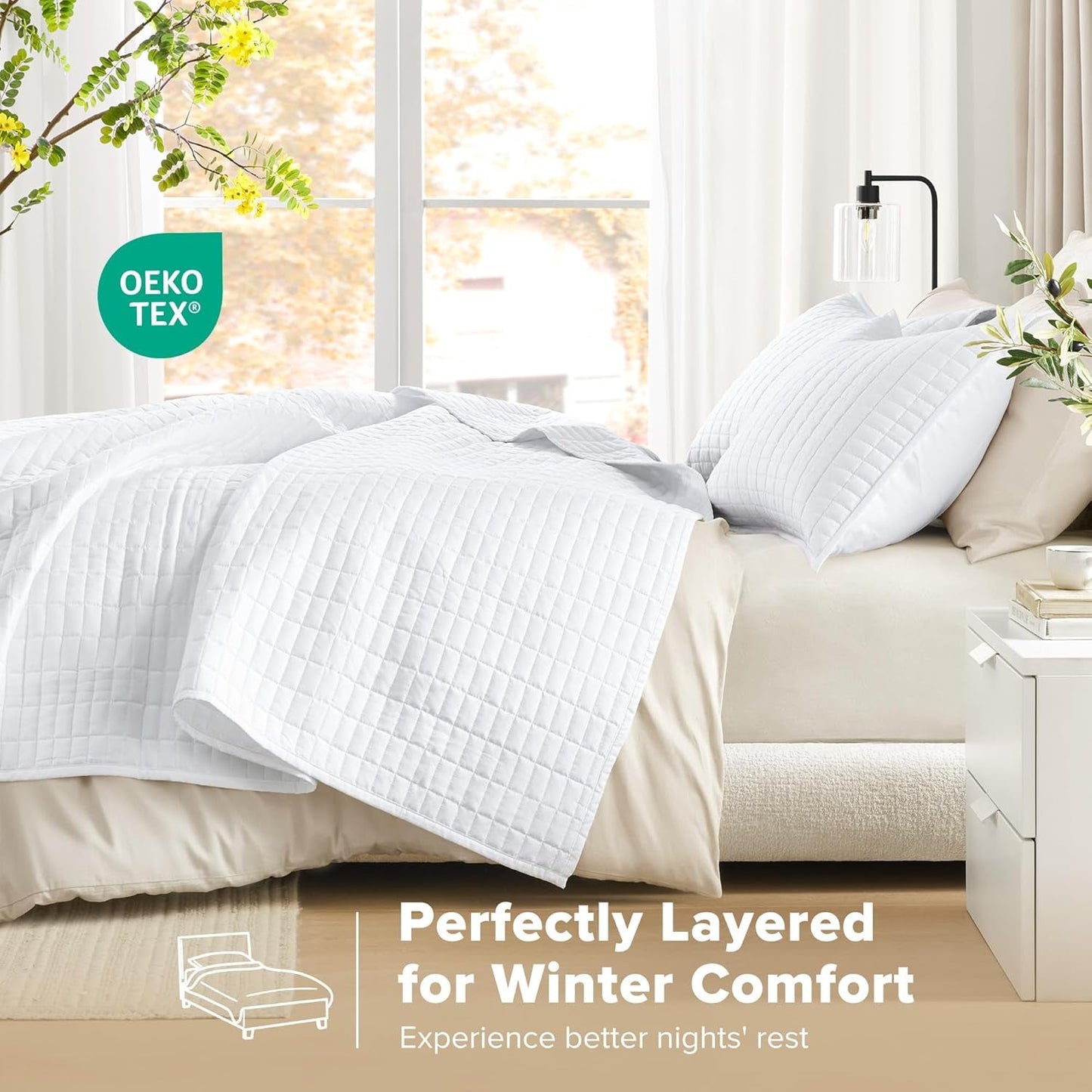 Zestaw kołder Comfort Spaces Kienna Luksusowy koc letni z podwójnym ściegiem Lekka, miękka pościel na cały rok Dopasowana poszewka na poduszkę Biały koc typu king-size (264,2 x 228,6 cm) Naty Shop Kołdry i kołdry