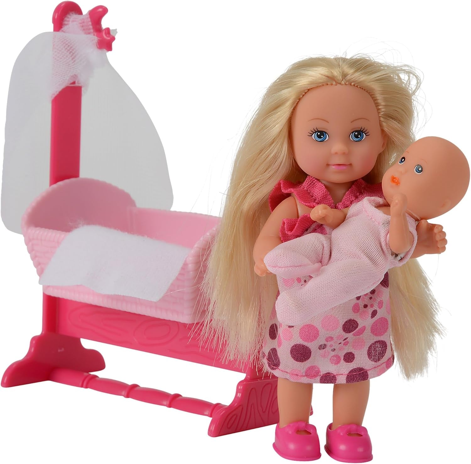Simba 105736242 - Evi Love Doll Cradle 2 Różne Evi jako niania z kołyską i modną lalką dla niemowląt 12 cm od 3 lat i więcej