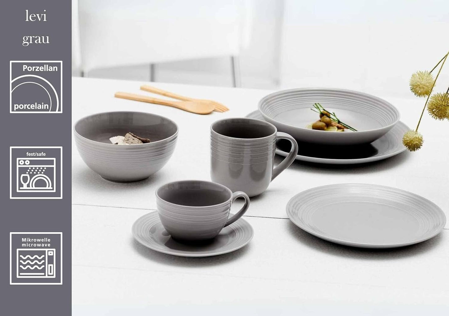 Ritzenhoff & Breker Levi 16-częściowy zestaw obiadowy, talerze, miski i kubki dla 4 osób, skandynawski design z delikatnym żłobkowanym reliefem, naczynia stołowe Mix & Match, porcelana, biały i szary