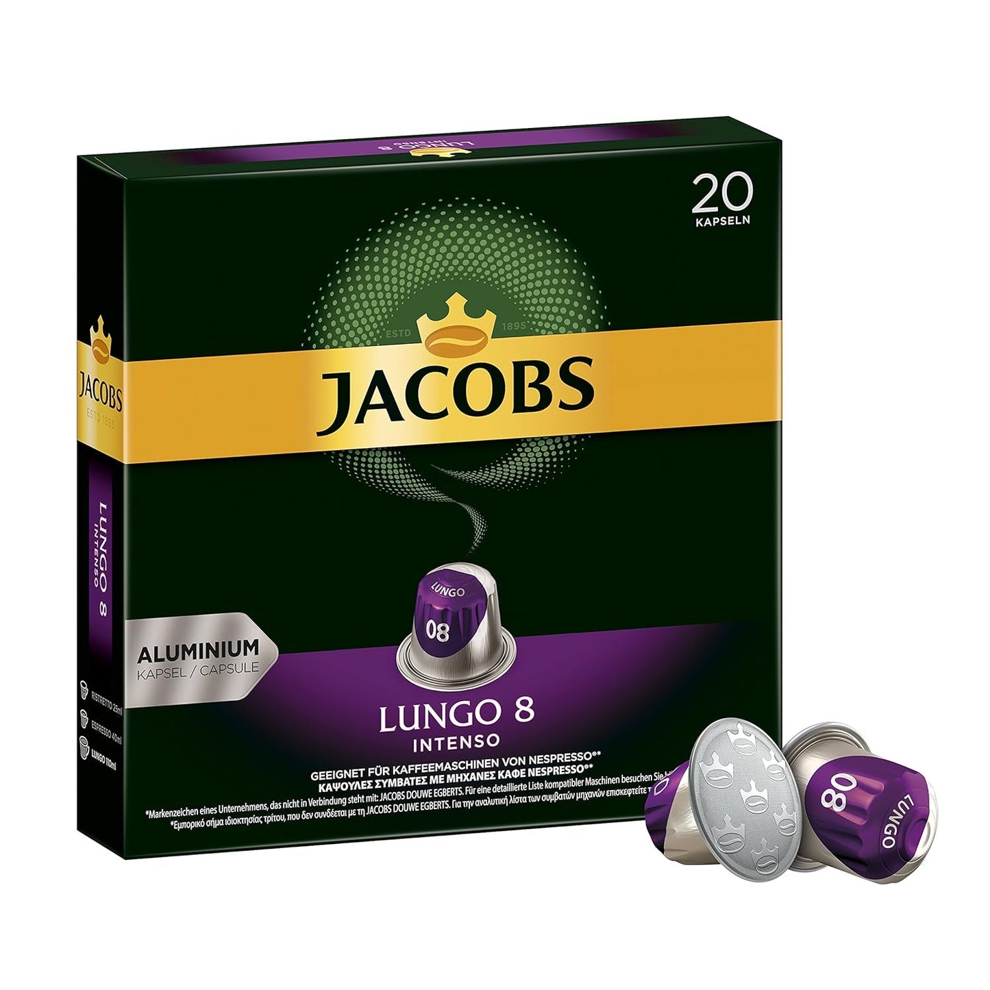 Kaffeekapseln Lungo Intenso, Intensität 8 von 12, 10 x 20 Getränke & Kaffeekapseln Krönung Crema, 200 Kapseln kompatybilnych z Nespresso, 10er Pack, 10 x 20 Getränke, 1040 g