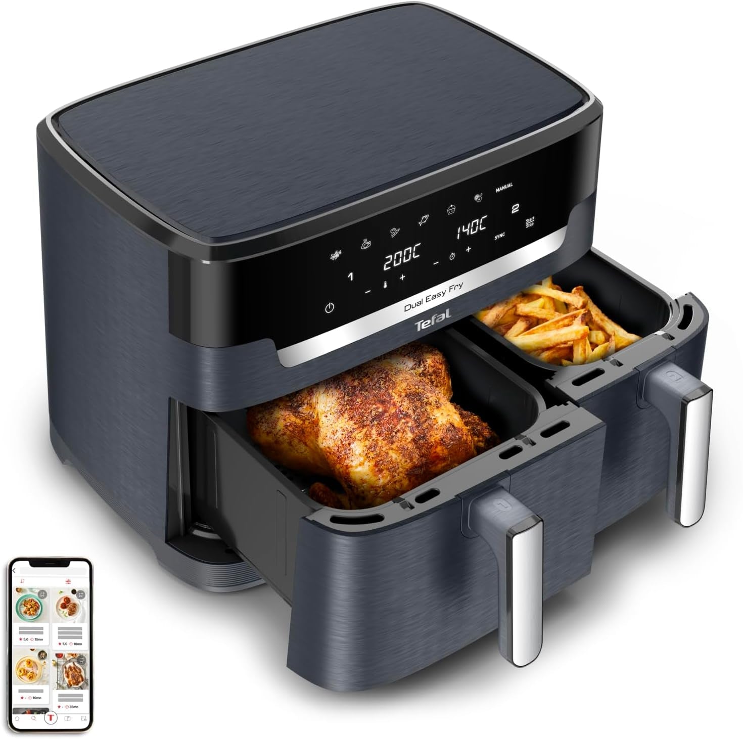 Frytownica na gorące powietrze Tefal Dual Easy Fry z dwiema komorami, pojemność 5,2/3,1 litra, dwie niezależne szuflady, 7 programów Sprzęt AGD Naty Shop Szary / Antracyt