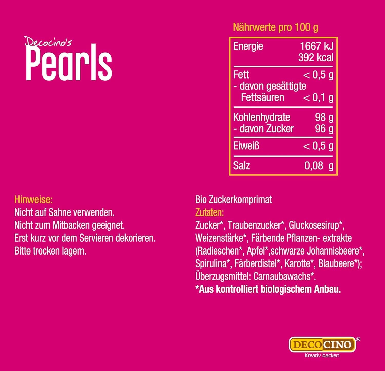 DECOCINO Organic Sprinkle Pearls - 60 gramów - Organiczna posypka dekstrozowa Sprinkles Naty Shop