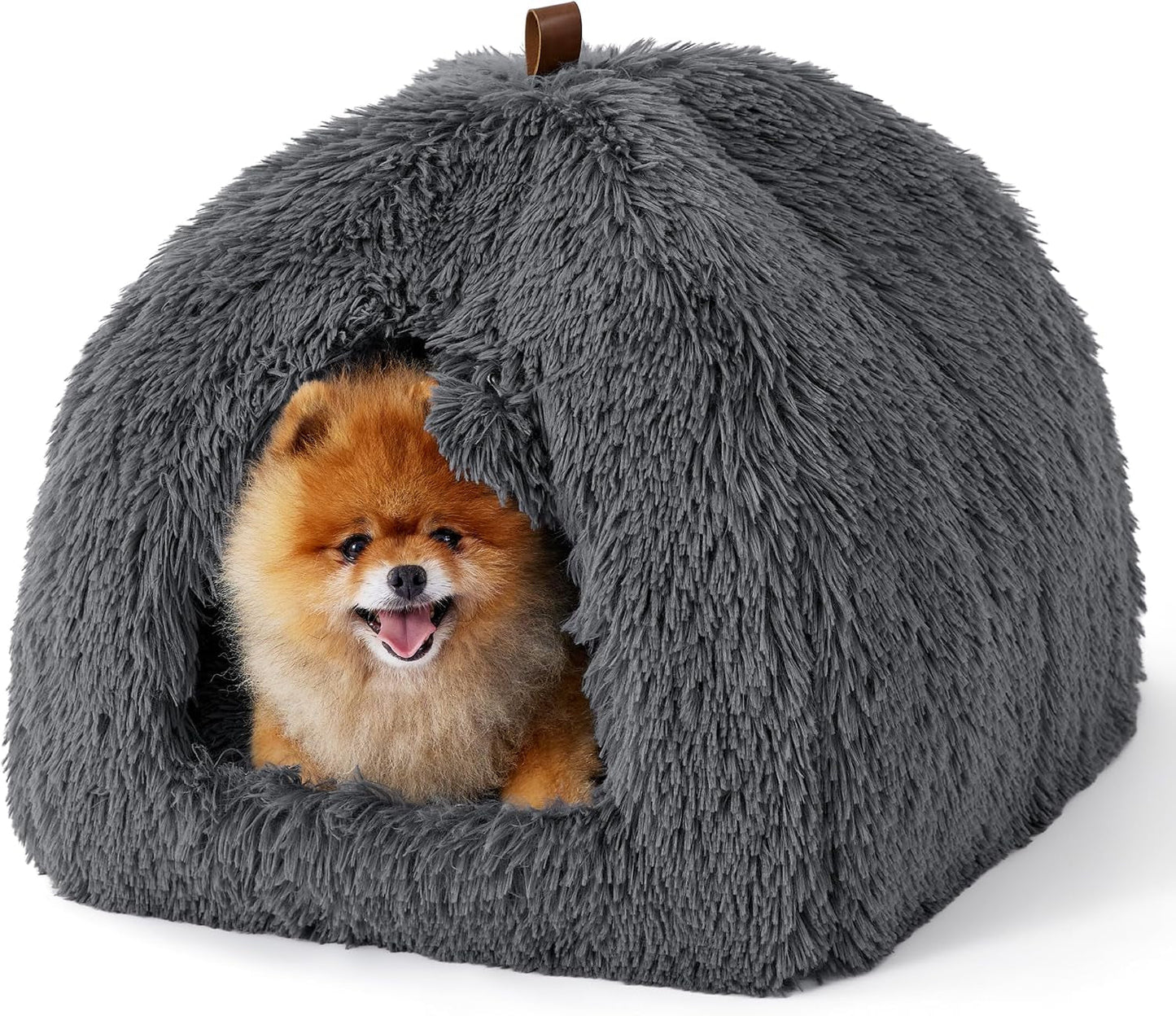 ŁÓŻECZKO Katzenbett große Katzen Katzenhöhle- 44x44x44 cm Plüsch Katzenhaus Indoor mit abnehmbarem Katzenkissen und hängendem Spielzeug, Katzen Bettchen waschbar, dunkelgrau