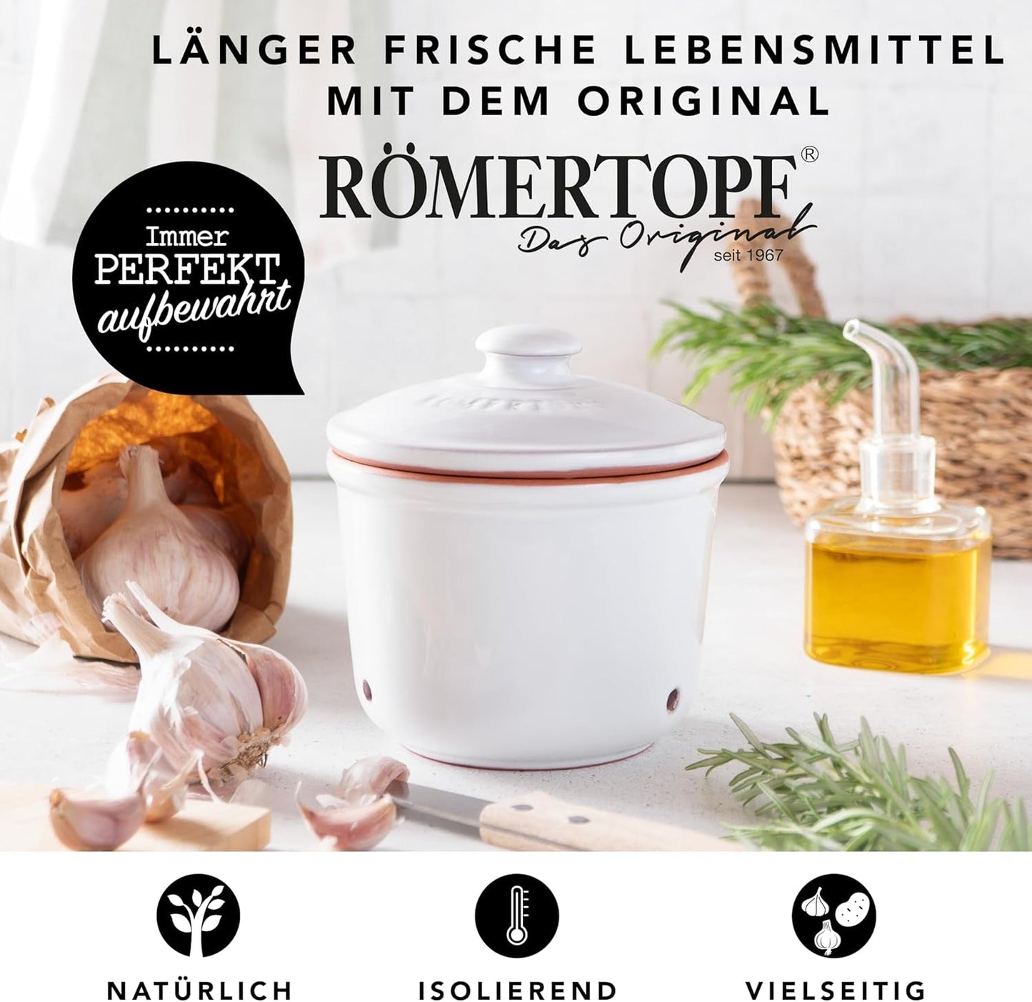 Römertopf Fresh Pot MINI 0,6 litra - Ceramiczny pojemnik na czosnek - Oddychająca glinka utrzymuje warzywa na dłużej świeże - Idealna cyrkulacja powietrza - Biały Pudełka do przechowywania żywności Naty Shop