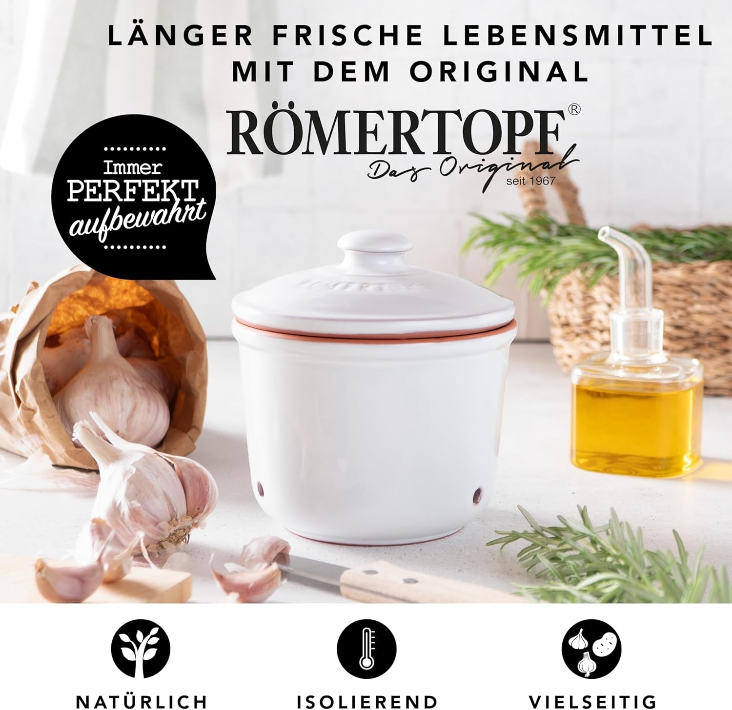 Römertopf Fresh Pot MINI 0,6 litra - Ceramiczny pojemnik na czosnek - Oddychająca glinka utrzymuje warzywa na dłużej świeże - Idealna cyrkulacja powietrza - Biały Pudełka do przechowywania żywności Naty Shop