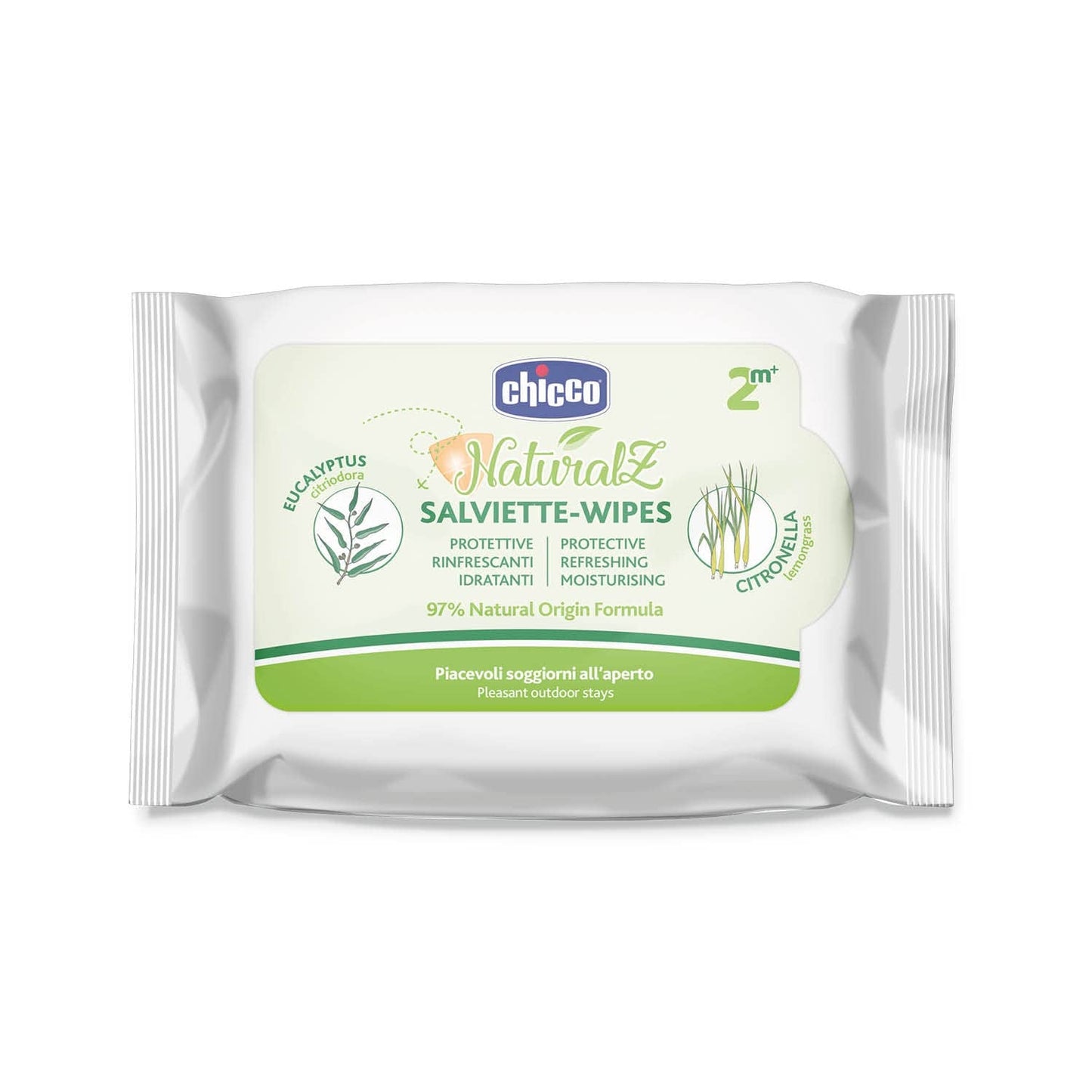 Chusteczki ochronne Chicco NaturalZ, 20 szt. Naturalna ochrona na lato z trawą cytrynową i eukaliptusem, ochrona na dzień i na noc.