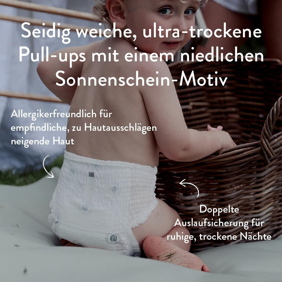 Pieluchy push-up rozmiar 6 XXL (od 15 kg) - 1 worek zawierający 21 sztuk - Nie zawiera substancji szkodliwych, ekologiczne, ultrapłaskie, do stosowania na noc - Wyprodukowano w Danii