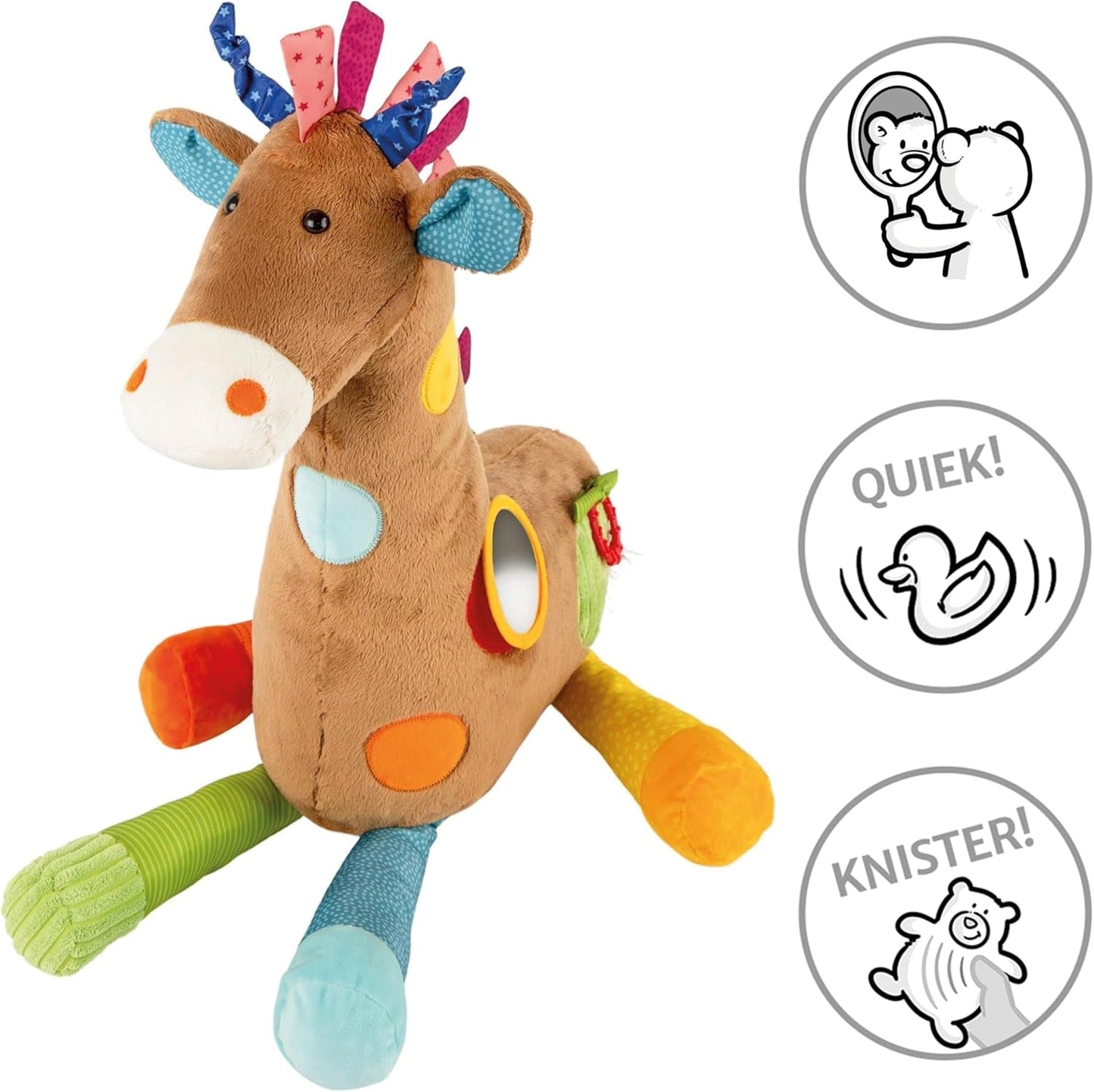 SIGIKID 42863 Zabawka dla dziecka Żyrafa XXL, Zabawka edukacyjna PlayQ, Pluszowa zabawka z kółeczkiem do ząbkowania, Grzechotką, Lusterkiem, Piszcząca, dla niemowląt i dzieci od 3. miesiąca życia, Wielokolorowy/Żyrafa 72 cm Zabawki Bebe Naty Shop