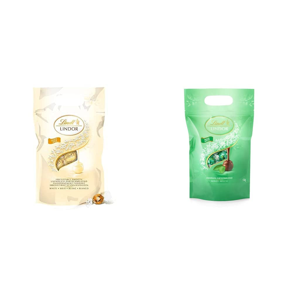 Kulki z białej czekolady LINDOR 1 kg i LINDOR | 1 kg zamykana torebka | ok. 80 kulek z mlecznej czekolady z nadzieniem miętowym | Opakowanie zbiorcze, prezent pralinowy, prezent czekoladowy
