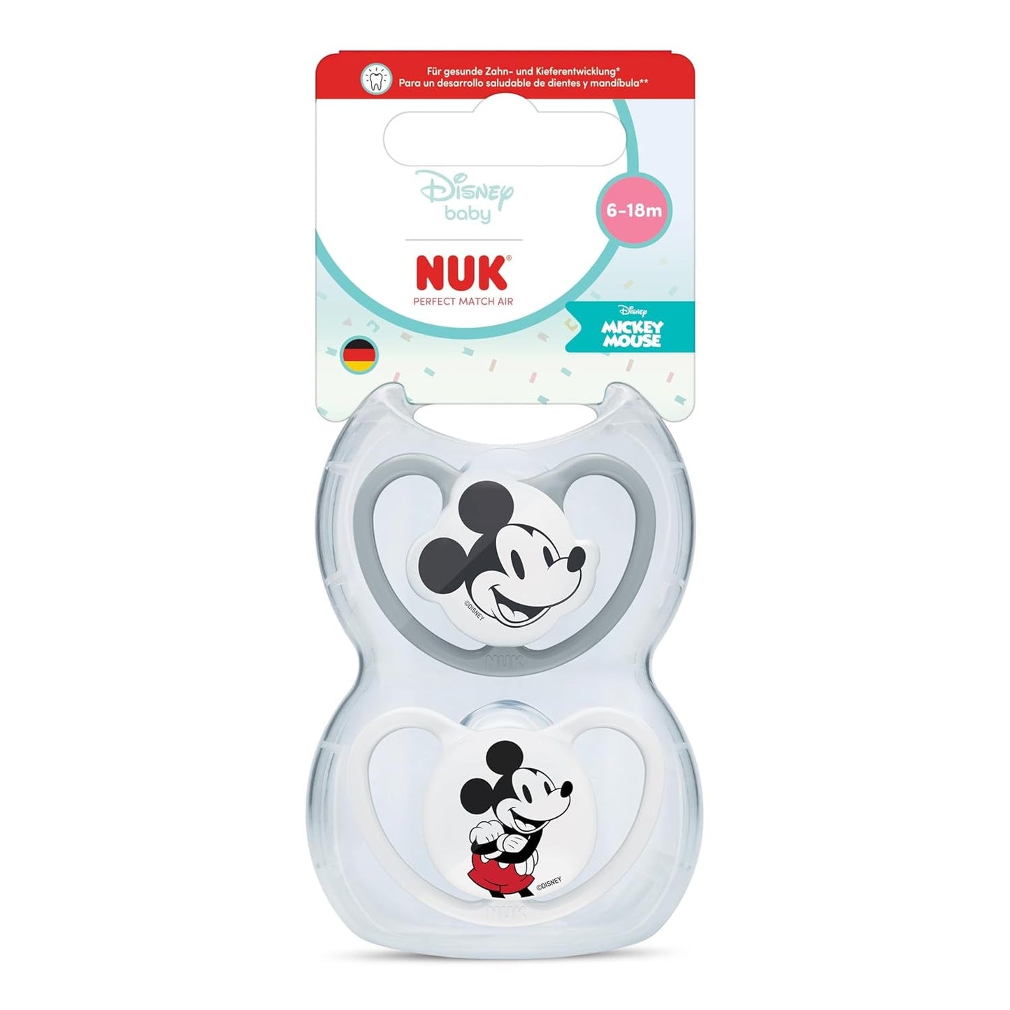 Smoczki NUK Perfect Match Air dla niemowląt | 6-18 miesięcy | Smoczki ortodontyczne, które wspomagają cyrkulację powietrza i zapobiegają wysypce spowodowanej śliną | 95% akceptacji przez dzieci** | Myszka Miki Disneya | Opakowanie 2