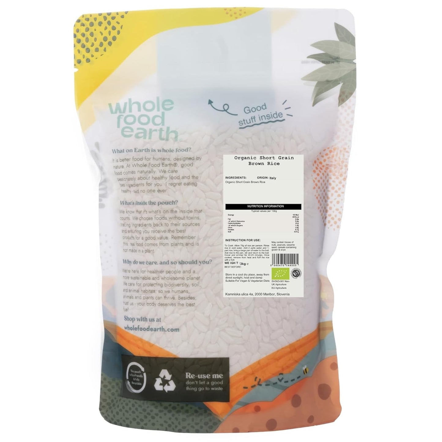 Wholefood Earth Organiczny krótkoziarnisty ryż brązowy 3 kg Wegańskie źródło błonnika bez GMO z kontrolowanych upraw ekologicznych