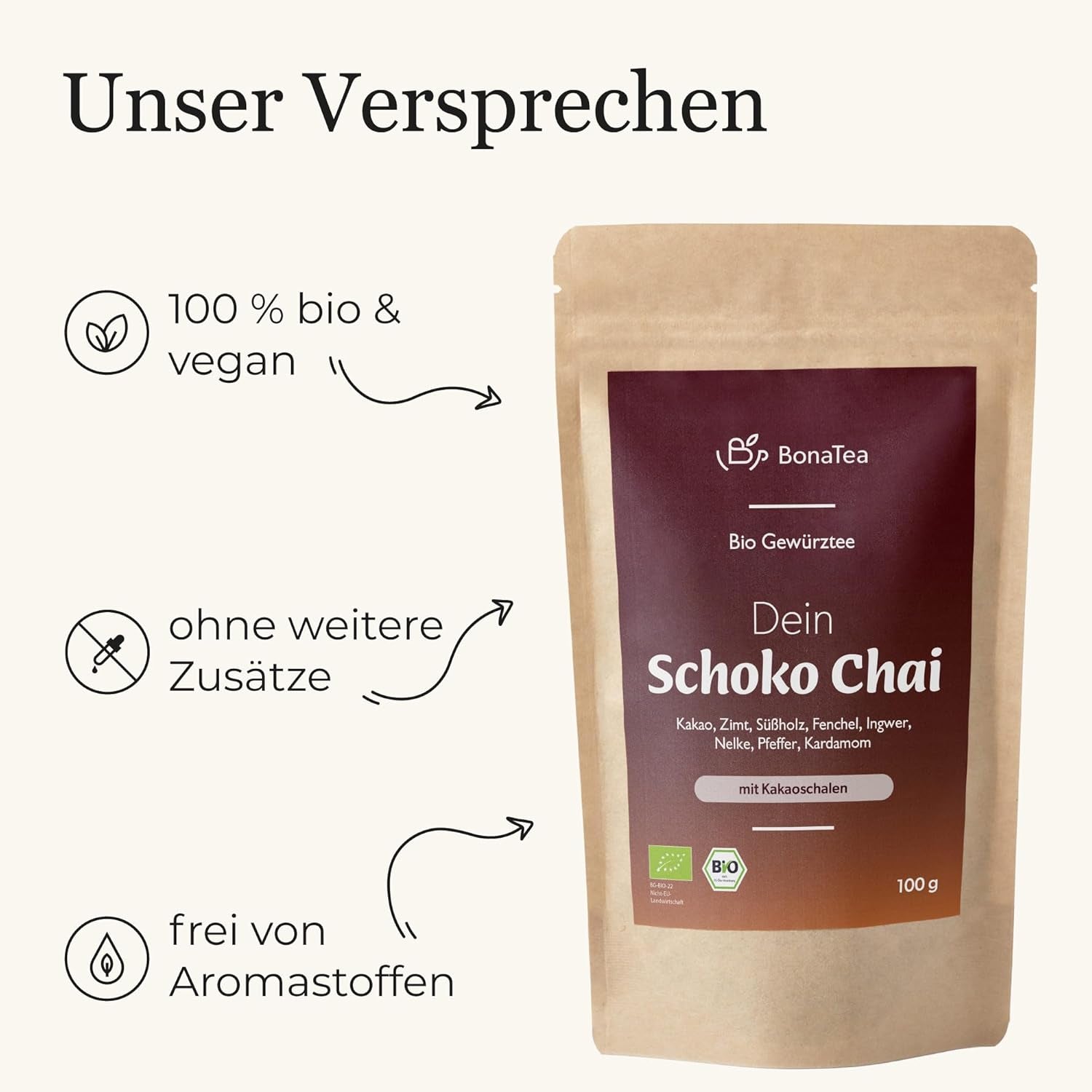 BIO Schoko Chai Herbata przyprawiona bez cukru, z ziarenkami kakao, cynamonem, lukrecją i innymi aromatycznymi przyprawami Chai, 100 g