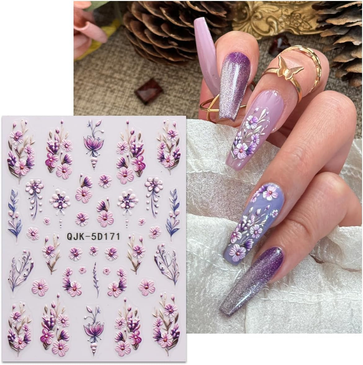 JMEOWIO 3D Nagelsticker Blumen Nail Art Naklejka Selbstklebend Nagelaufkleber 5D Stereoskopisch Frühling Sommer Dekoration Nageldesign Zubehör 4 Blatt