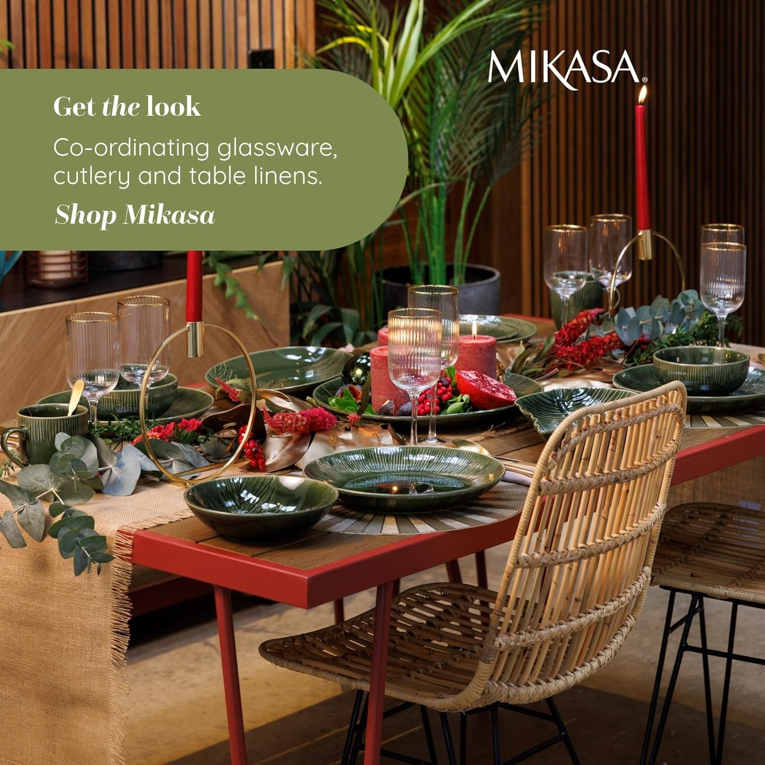 Mikasa Jardin 12-częściowy zestaw naczyń obiadowych, 4-osobowy zestaw naczyń kamionkowych z talerzami, talerzami bocznymi i miskami, zielony - pudełko upominkowe i można myć w zmywarce