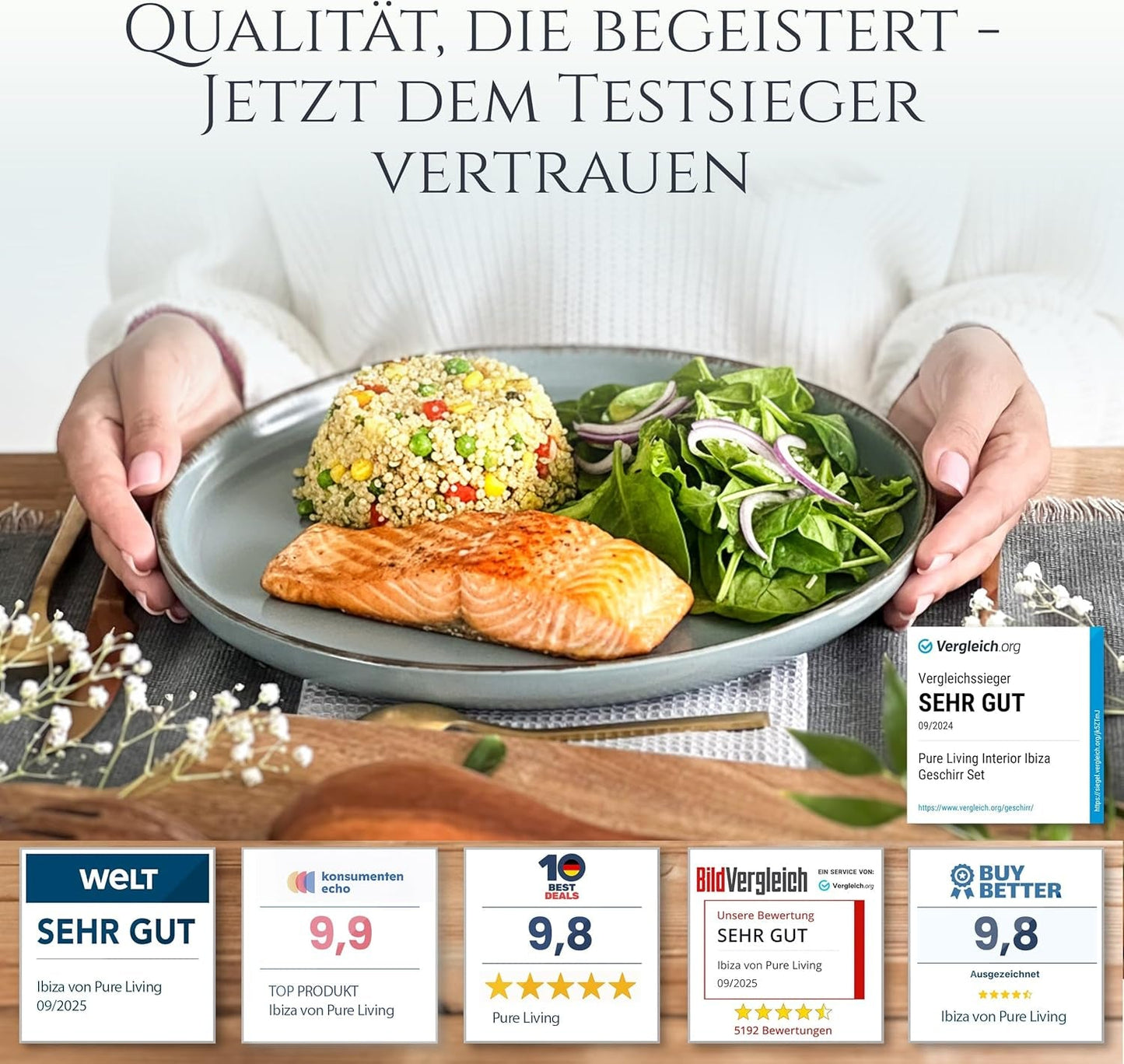 Steingut Geschirrset 6 Personen Rustic 24 tlg. TESTSIEGER, Hochwertiges Landhaussttil Steingut Geschirr Set, Schüssel- und Teller Set, Tafelservice 6 Personen, Geschirrsets Pure Living w Rauchblau