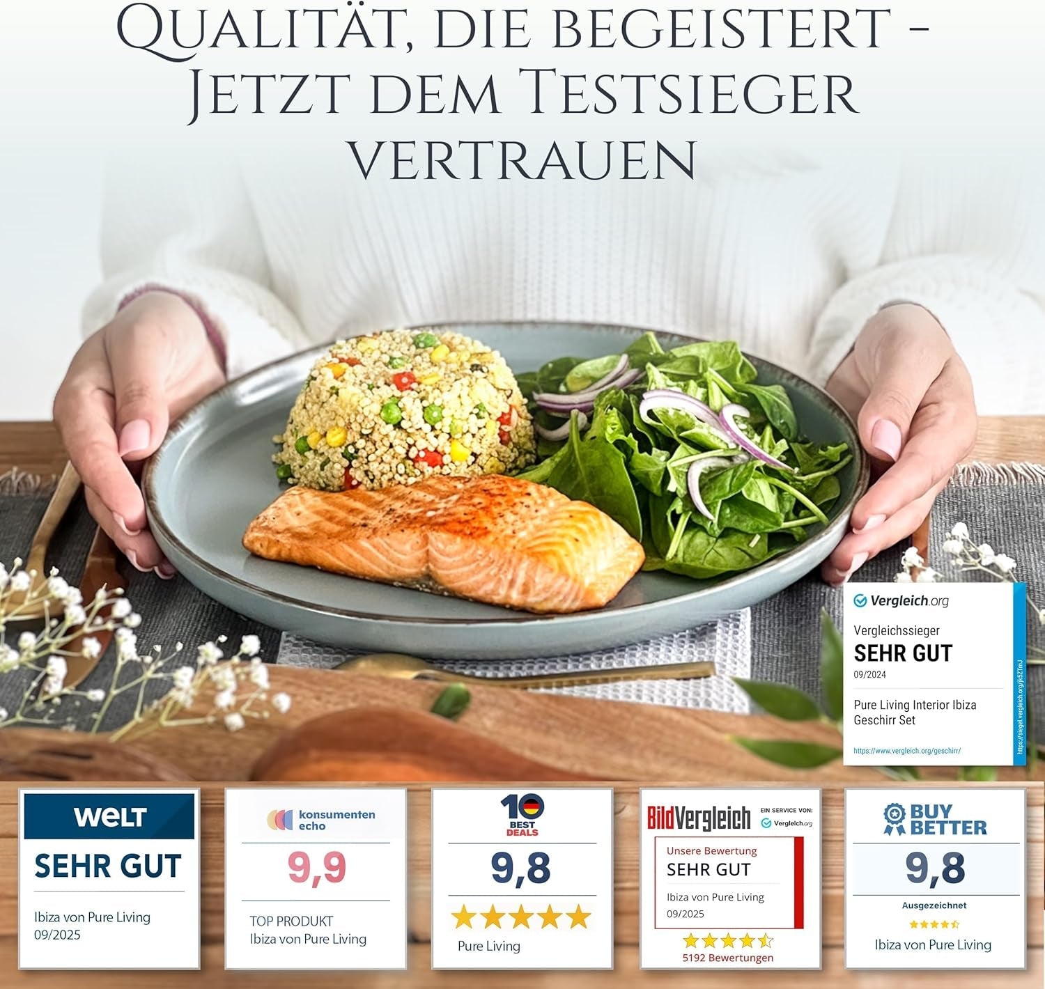 Steingut Geschirrset 6 Personen Rustic 24 tlg. TESTSIEGER, Hochwertiges Landhaussttil Steingut Geschirr Set, Schüssel- und Teller Set, Tafelservice 6 Personen, Geschirrsets Pure Living w Rauchblau