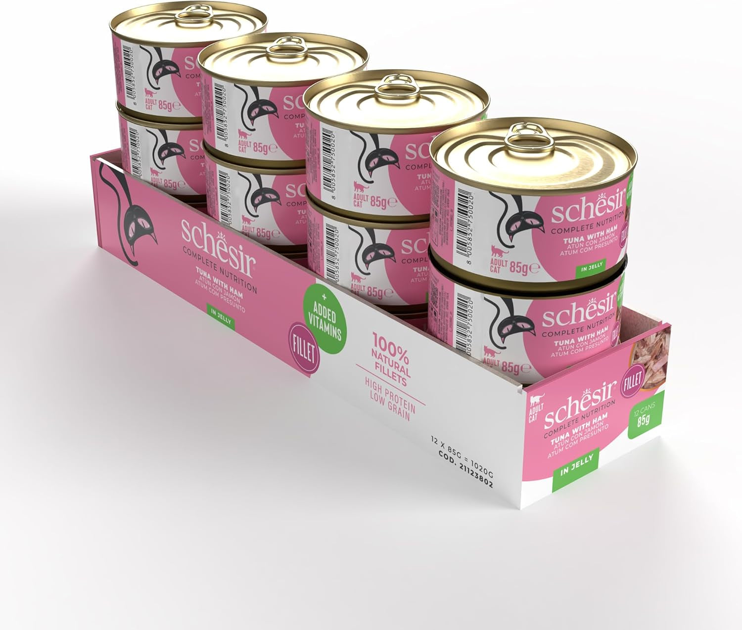Tuńczyk z szynką w galarecie, mokra karma dla kotów, konserwowa, 100% naturalna, z dodatkiem witamin, 12 x 85g