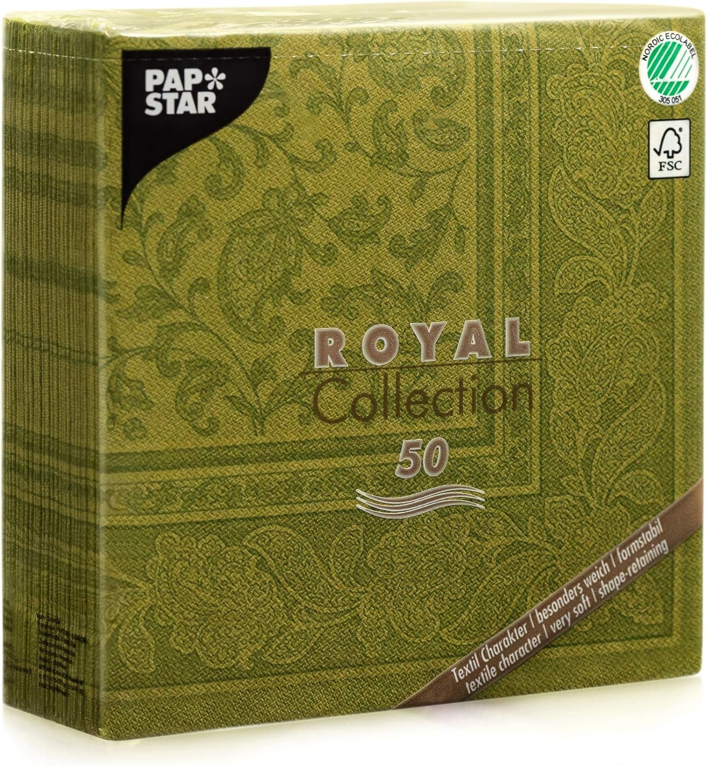 Papstar, 50 serwetek „ROYAL Collection” 1/4 złożenia 40 cm x 40 cm oliwkowa „Ornaments”, #81746