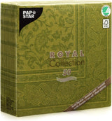 Papstar, 50 serwetek „ROYAL Collection” 1/4 złożenia 40 cm x 40 cm oliwkowa „Ornaments”, #81746