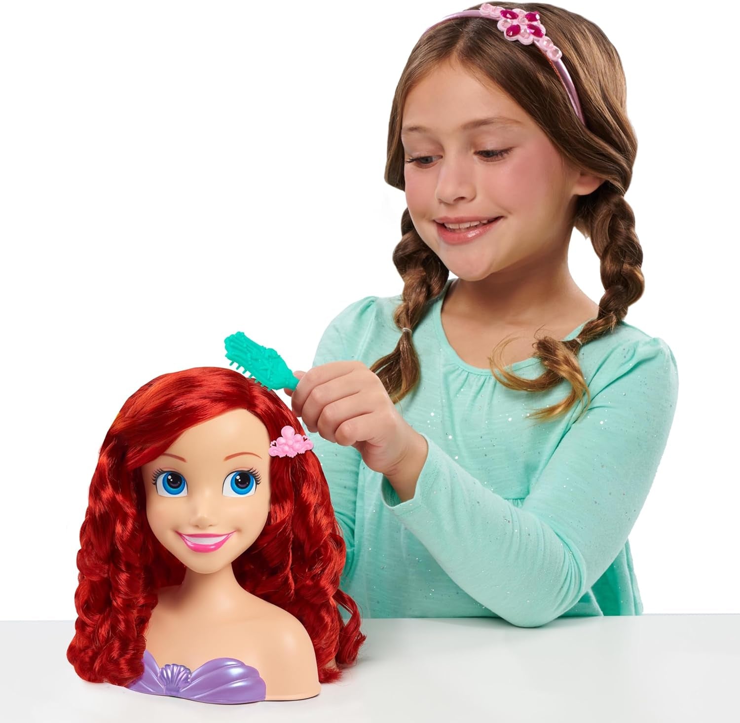 Ariel Just Play Disney Princess Hair Head 20 cm z akcesoriami 7-częściowy zestaw Rude włosy – zabawka dla dzieci w wieku 3 lat i więcej