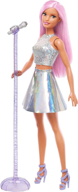 Lalka Barbie Pop Star ubrana w błyszczącą spódnicę z mikrofonem i różowymi włosami Prezent dla dzieci w wieku 3–7 lat JCW42 Olśniewające lalki Naty Shop Iridescent