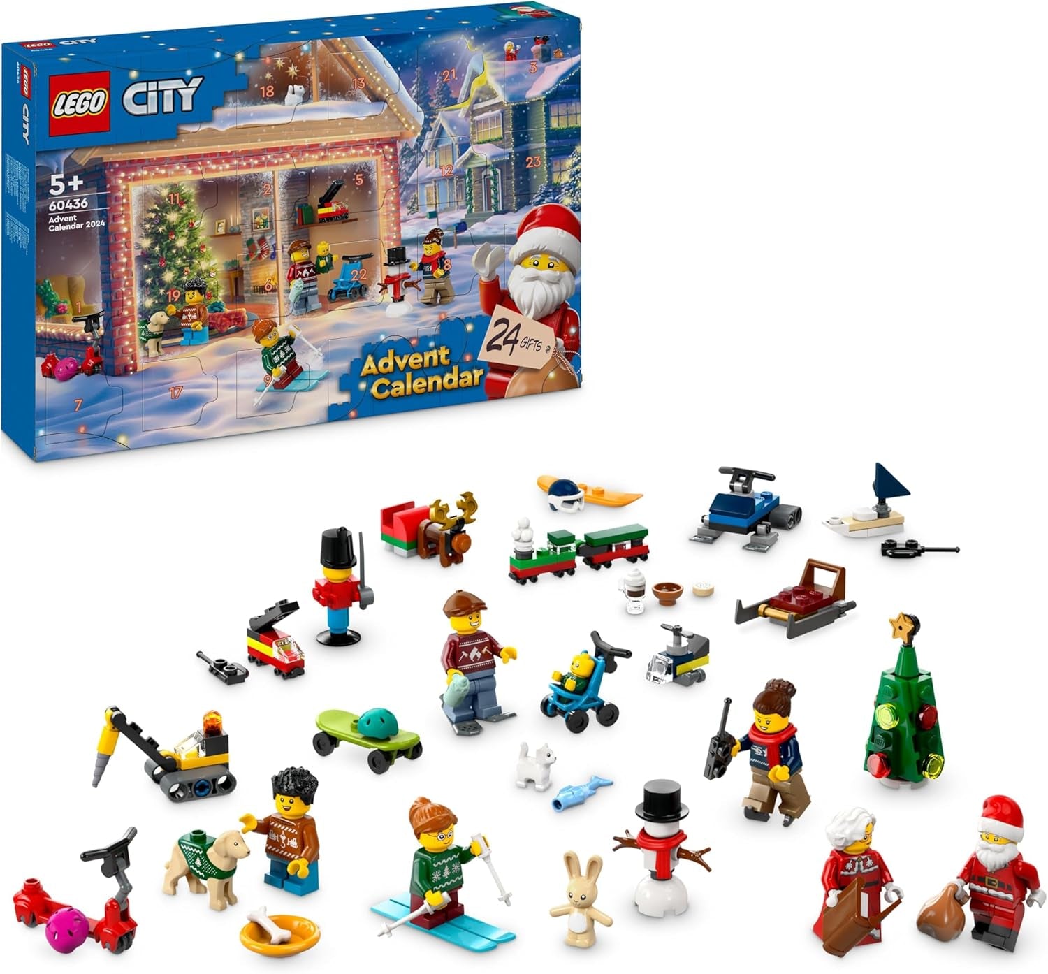 LEGO City Kalendarz adwentowy 2024, prezent adwentowy dla dzieci od 5 lat, 24 niespodzianki, minifigurki w świątecznych kombinezonach, Święty Mikołaj i Pani Mikołajowa, prezent na Boże Narodzenie 60436 Zestawy do budowania Besuche den LEGO-Store Single