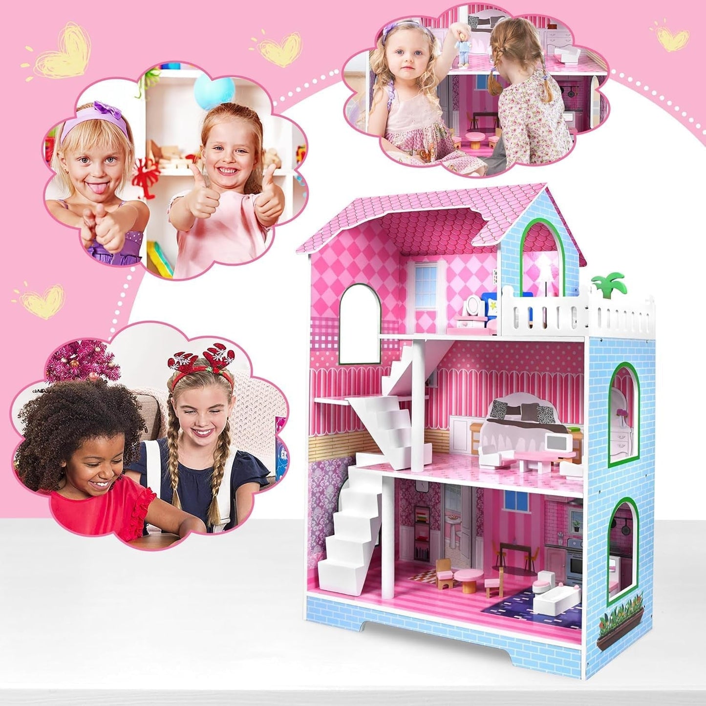 HENGMEI Puppenhaus Kinder Holz Puppenvilla Zestaw domków dla lalek Mädchen Spielset 3 Etagen Haus mit Möbeln und Zubehör, 70x30x100cm Puppenhäuser für Kinder (typ B)
