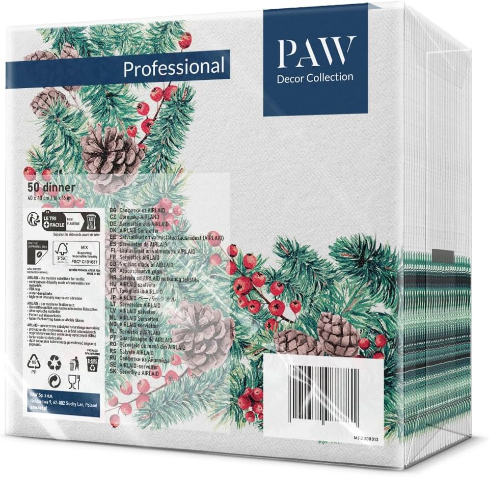 PAW - Serwetki Airlaid (40 x 40 cm) I 50 sztuk I Idealne na Boże Narodzenie, zimę, święta I Dekoracje stołu wigilijnego I Serwetki Airlaid Gałązki zimowe I Gałęzie zimowe