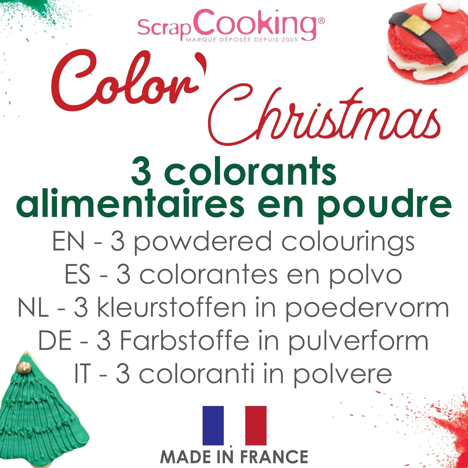Scrapcooking - zestaw 3 sproszkowanych świątecznych barwników spożywczych - czerwony, zielony, złoty - jadalny barwnik spożywczy do pieczenia, ciast, ciastek, ciastek, ciasta, kremówki - dekoracje świąteczne - 4018