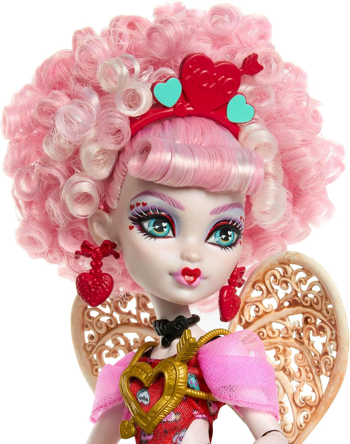 Straszna lalka Monster High Sweet Birthday Cupid Asteria w różowej i czerwonej sukience imprezowej z akcesoriami tematycznymi, takimi jak zaproszenie, balon, prezent i nie tylko, JBG77