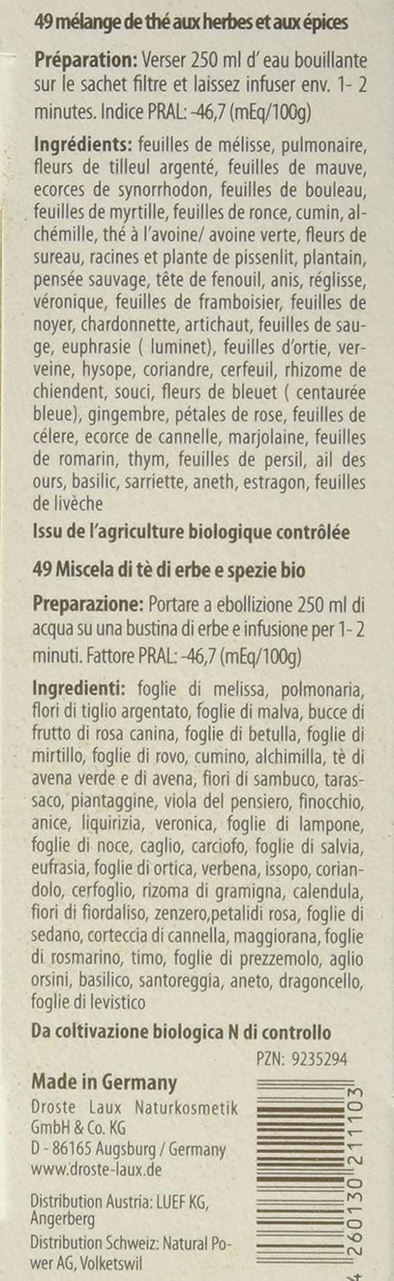Droste-Laux Podstawowa herbata z 49 ziołami, 25 sztuk (herbata ziołowa, torebki filtrujące, herbata na czczo lub dieta) 120501