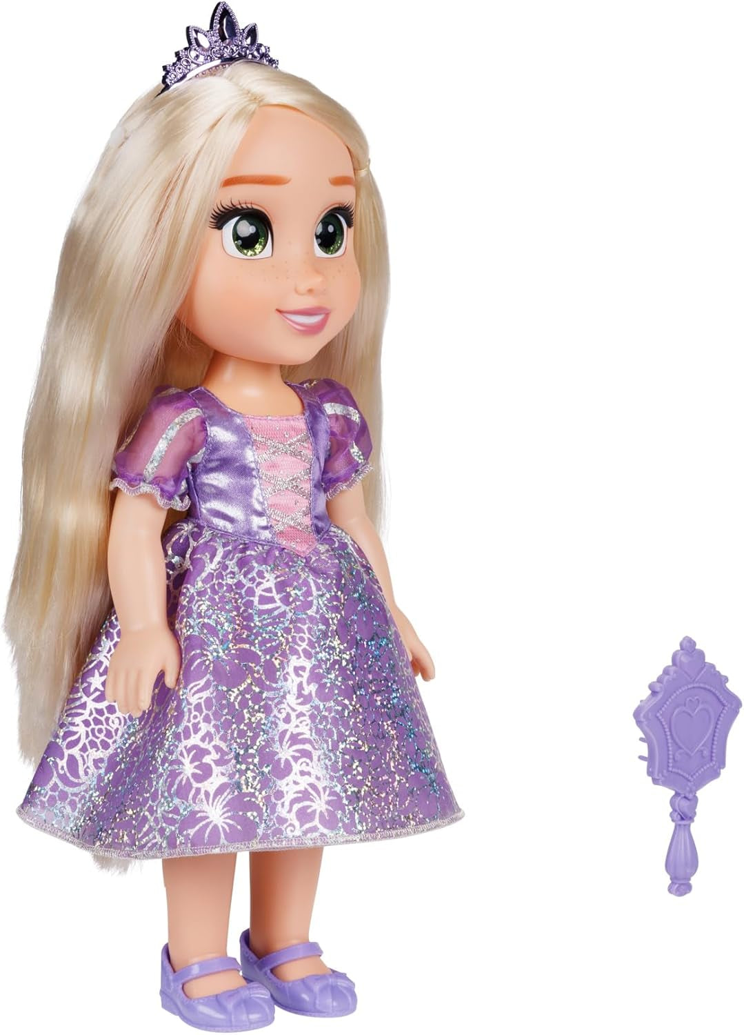 Lalka Disney Princess Roszpunka 35 cm, odblaskowe, brokatowe oczy, ruchome stawy, odpinana sukienka, buty, korona, długie blond włosy, dla dziewczynek w wieku 3+