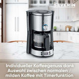 Ekspres SEVERIN „TypeSwitch” ze szklaną karafką i timerem, AromaSwitch do wyboru 2 opcji parzenia, zegar cyfrowy z funkcją timera, na maksymalnie 10 filiżanek, 1000W, stal nierdzewna szczotkowana-czarna, KA 4826