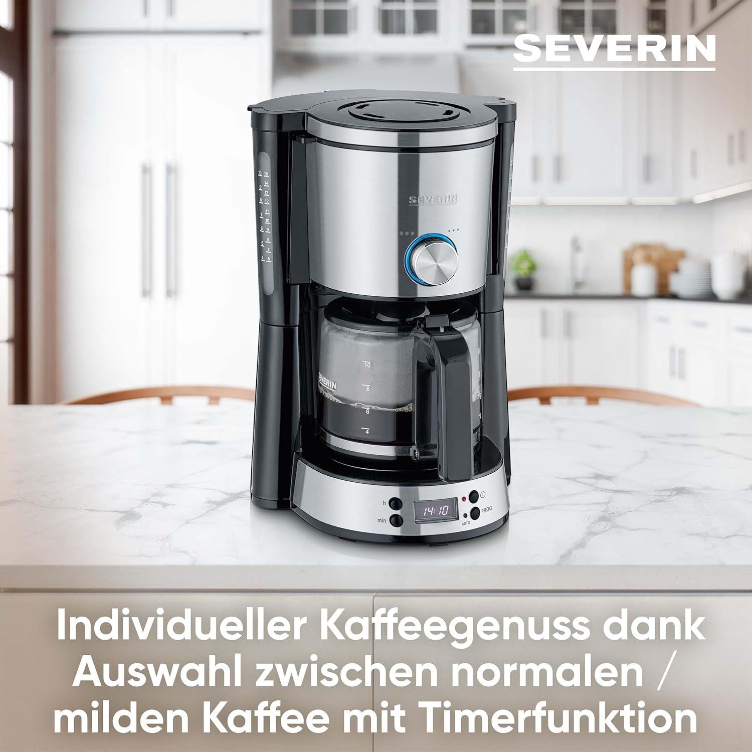 Ekspres SEVERIN „TypeSwitch” ze szklaną karafką i timerem, AromaSwitch do wyboru 2 opcji parzenia, zegar cyfrowy z funkcją timera, na maksymalnie 10 filiżanek, 1000W, stal nierdzewna szczotkowana-czarna, KA 4826