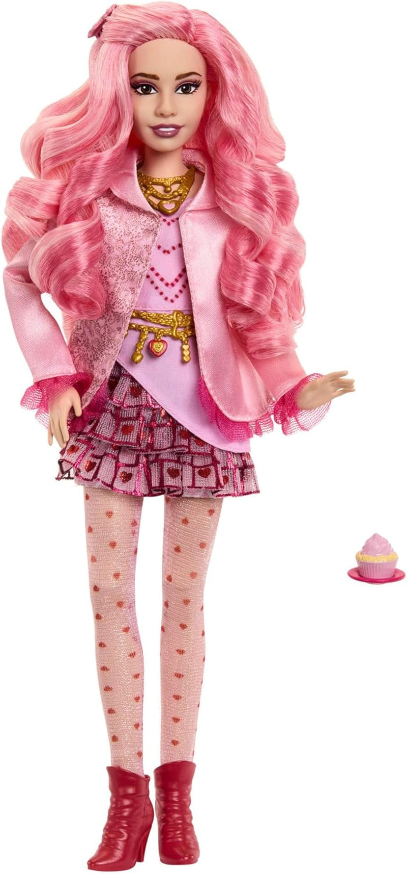 Mattel Disney Descendants: The Rise of Red Modepuppe i akcesoria – Bridget, młoda Herzkönigin, z inspirującym filmem Kleidung i Cupcake, HWT91