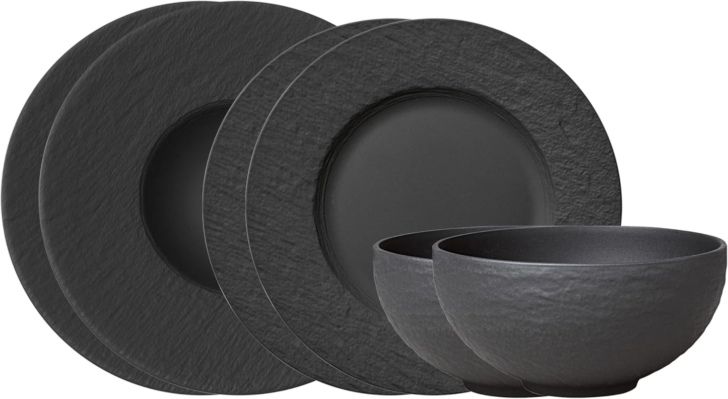 Zestaw startowy Villeroy & Boch Manufacture Rock, 6 elementów, czarny, można myć w zmywarce, można używać w kuchence mikrofalowej, czarny matowy zestaw naczyń obiadowych, zastawa stołowa, sztućce, porcelana Premium