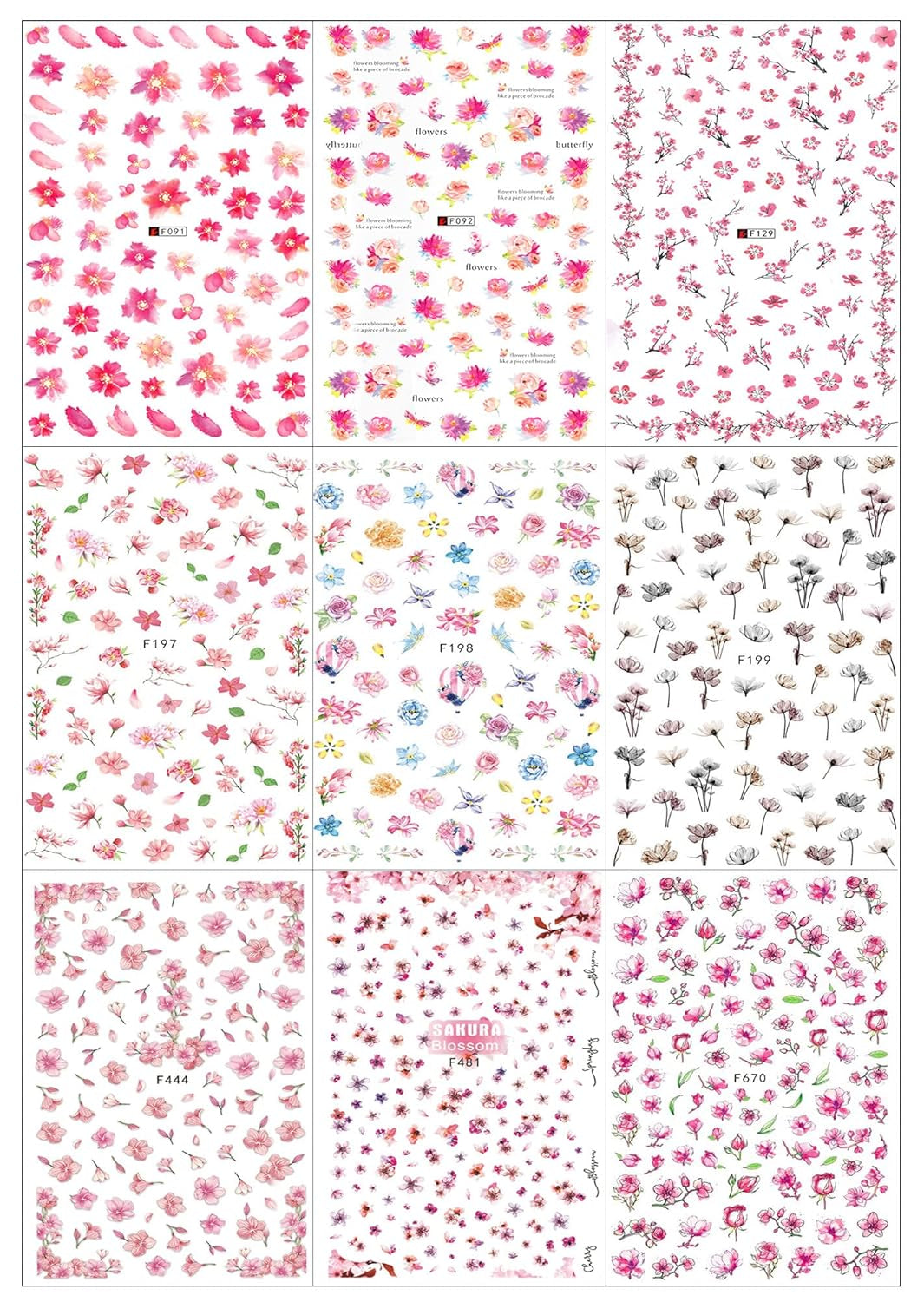 JMEOWIO Nagelsticker Frühling Blume 9 Blatt Nagelaufkleber Selbstklebend Rosa Blüte Nail Art Naklejka Dekoration Nageldesign Zubehör