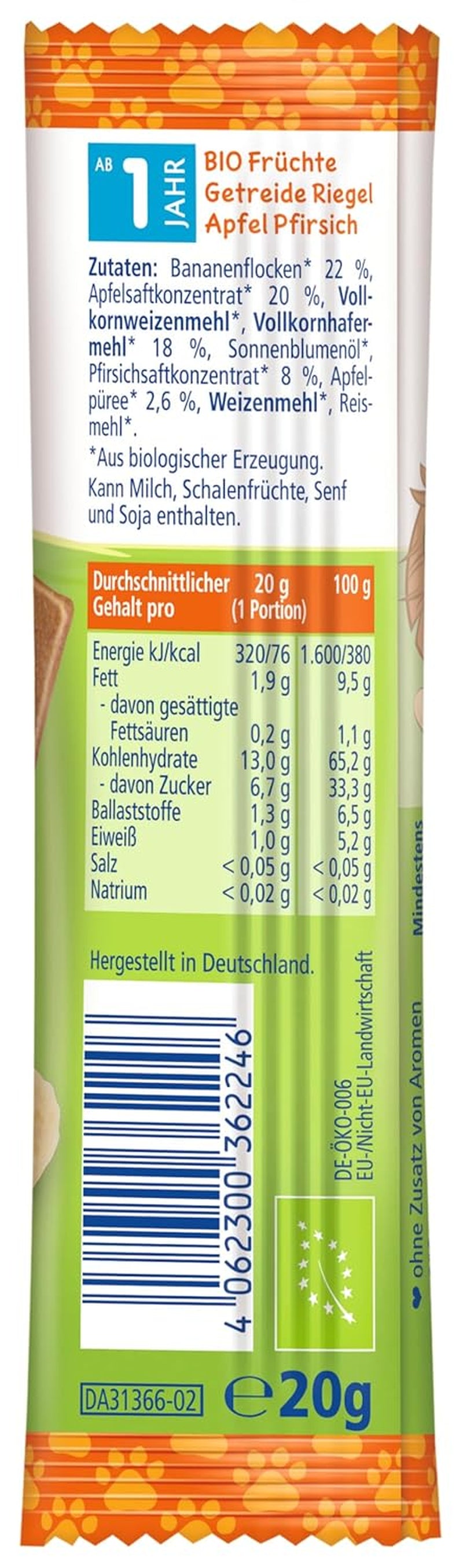 HiPP Lion Muesli Batony z Chrupiącymi Owsiankami oraz Jabłkiem i Brzoskwinią (24 x 20g), od 1 roku, słodzone wyłącznie owocami, najlepszej jakości organicznej