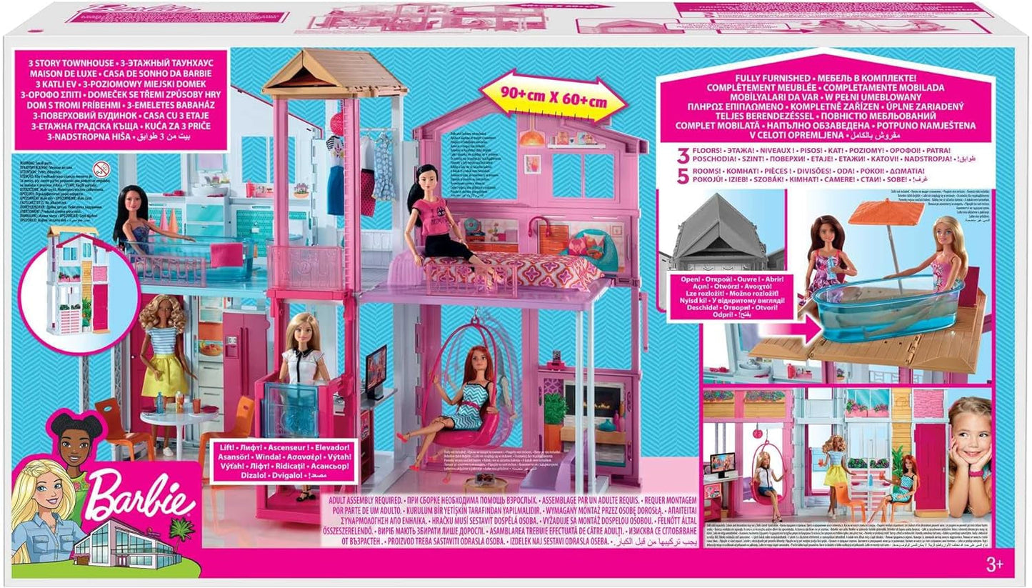 Barbie House Dream Villa 3-piętrowy 5-pokojowy dom miejski z akcesoriami takimi jak meble, składane i do przechowywania, zabawki od 3 lat, domy dla lalek DLY32 Naty Shop