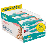 Chusteczki nawilżane Pampers Sensitive, 6 opakowań po 80 chusteczek = 480 chusteczek, bezzapachowe, do delikatnego i delikatnego czyszczenia