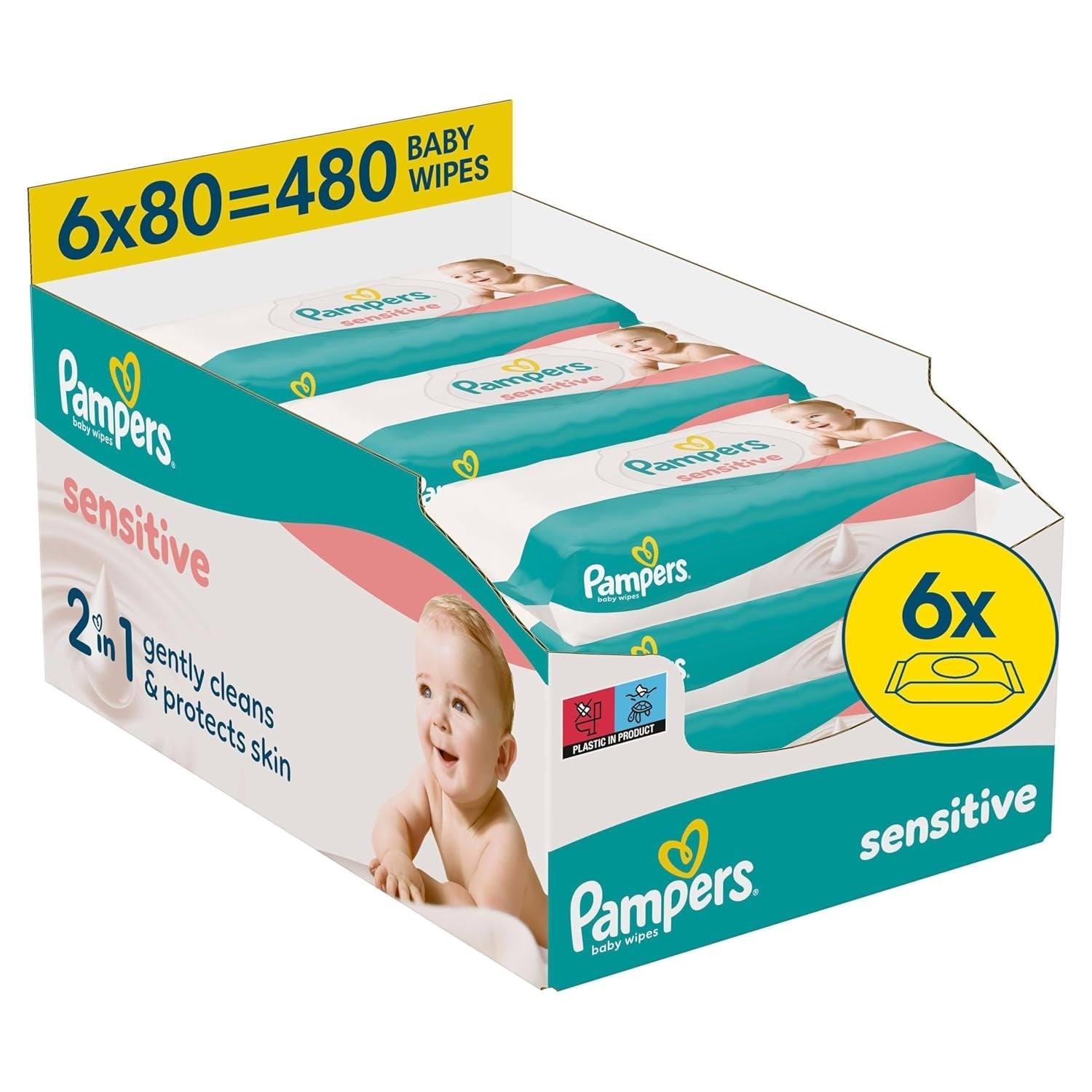 Chusteczki nawilżane Pampers Sensitive, 6 opakowań po 80 chusteczek = 480 chusteczek, bezzapachowe, do delikatnego i delikatnego czyszczenia