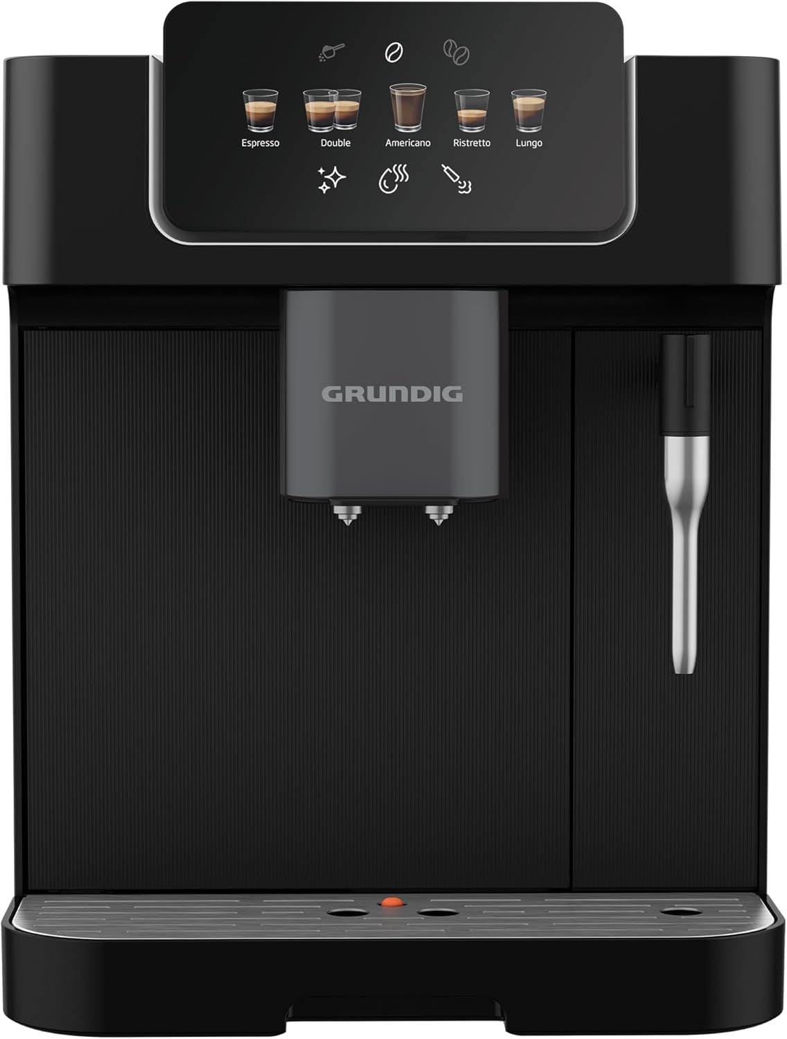 GRUNDIG KVA 6230 w pełni automatyczny ekspres do kawy ze spieniaczem do mleka, młynek ze stali nierdzewnej z 13 stopniami mielenia, pojemnik na ziarna 250 g, wyjmowany zbiornik na wodę 2 litry, ciśnienie pompy 19 bar, wyświetlacz dotykowy, czarny